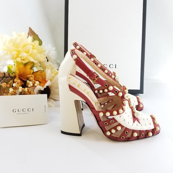 Gucci Tracy Red White Embellished Heels Sz 36 - Picture 2 of 16